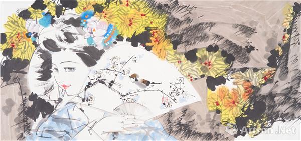 林墉 少女图 中国画 70x135 1994年