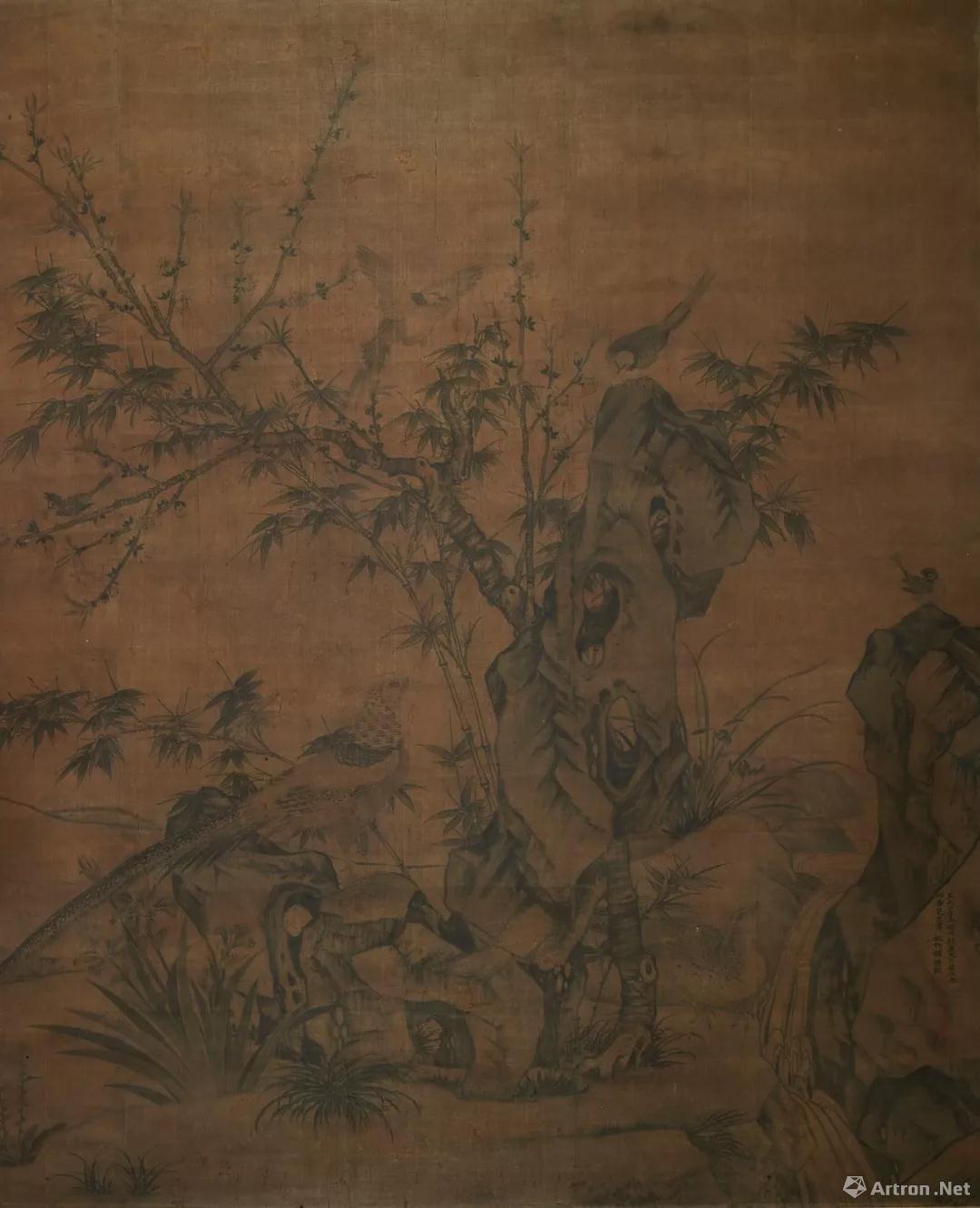 王渊  桃竹锦鸡图轴元至正三年（1343）绢本 墨笔纵162.5厘米，横133厘米