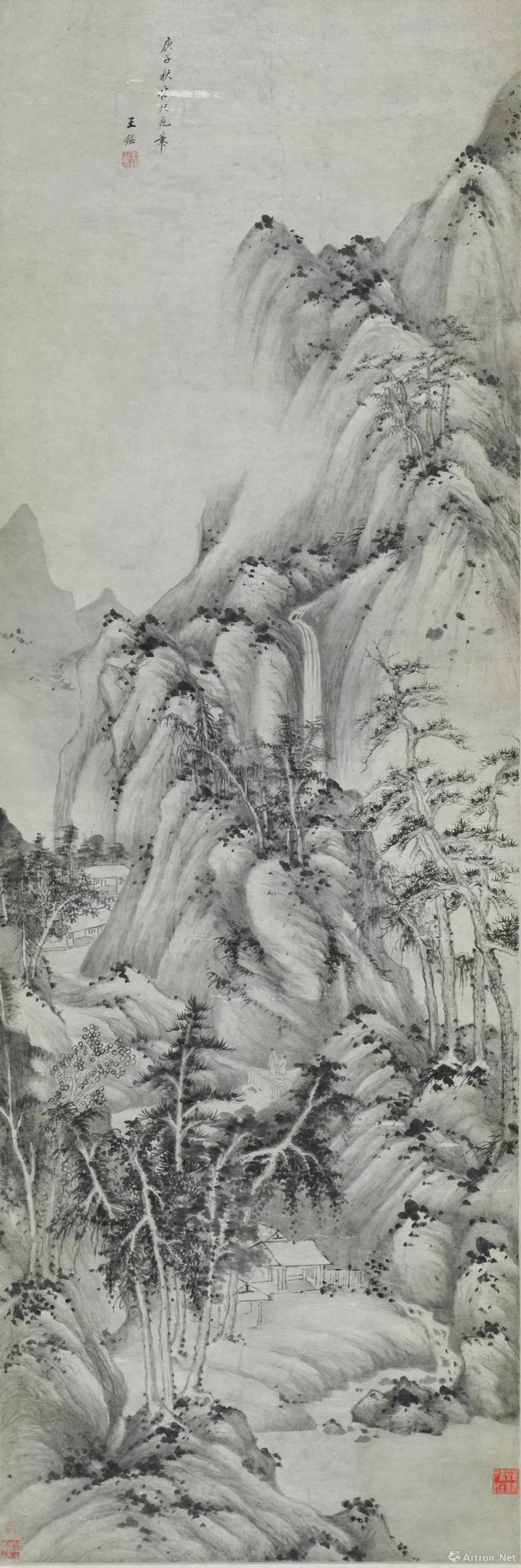 王鉴  仿北苑山水轴清顺治十七年（1660）纸本 墨笔纵169厘米，横56.5厘米
