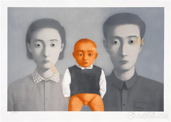 张晓刚，大家庭2007，丝网版画，70x 98cm