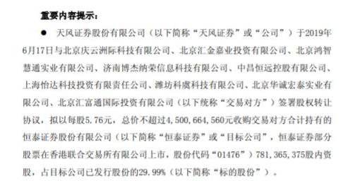 价格近乎腰斩！天风证券收购恒泰29.99%股权价格定了